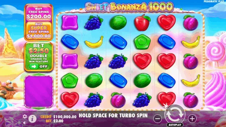 Interfaccia modalità demo Sweet Bonanza che mostra gameplay senza rischi con crediti virtuali